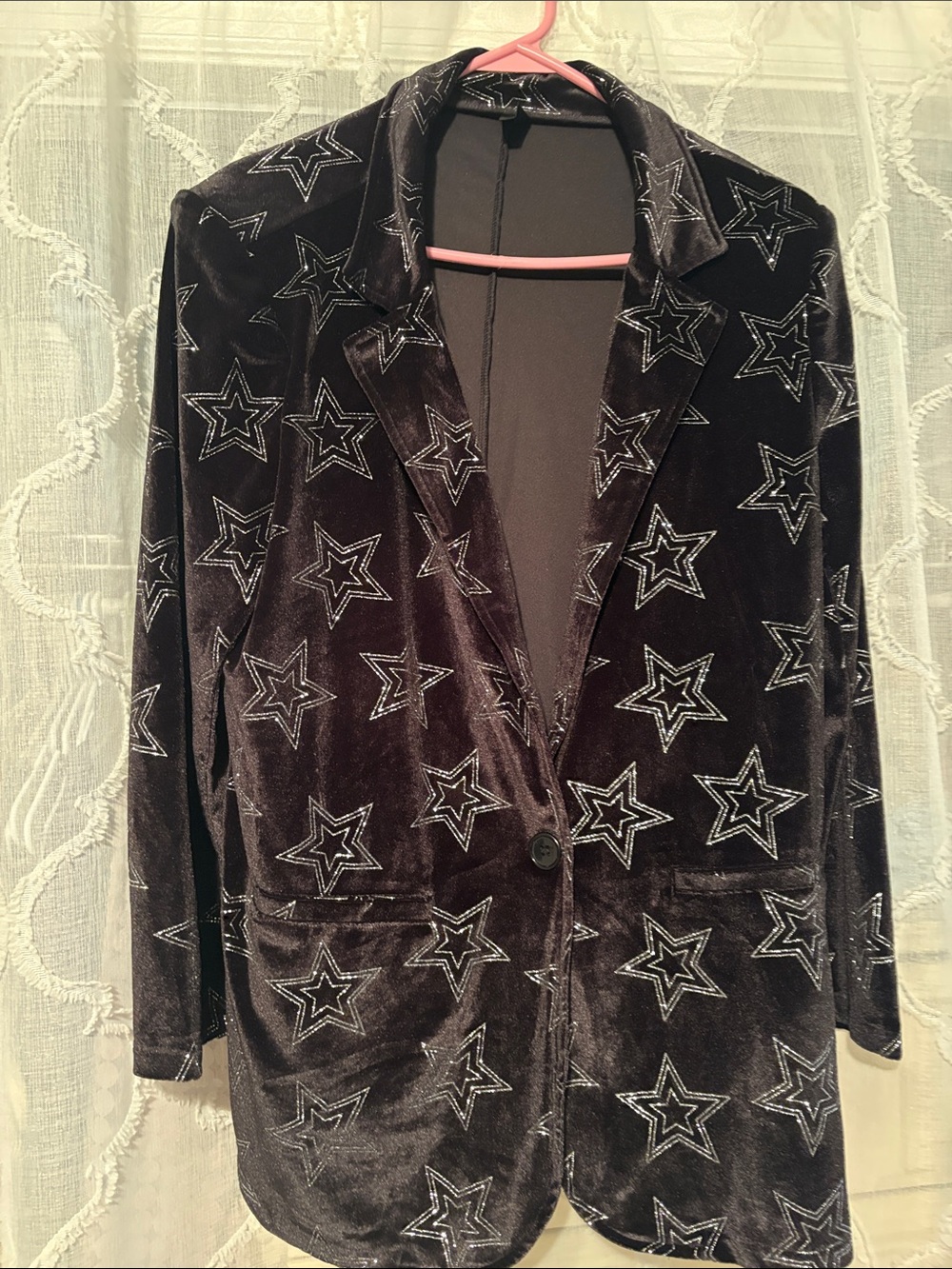SHEIN Black Velvet Blazer with Silver Star Stitching